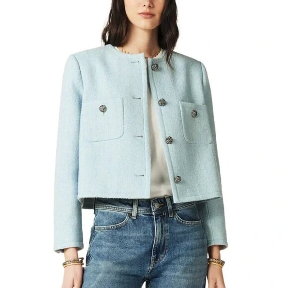 New BA&SH Meredith Tweed Front Button Closure Sky Blue Short Jacket Large NWT